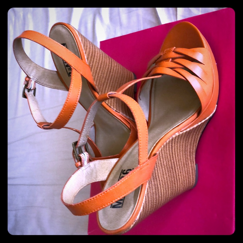 SOLD - Size 9  orange platform peep toe wedges